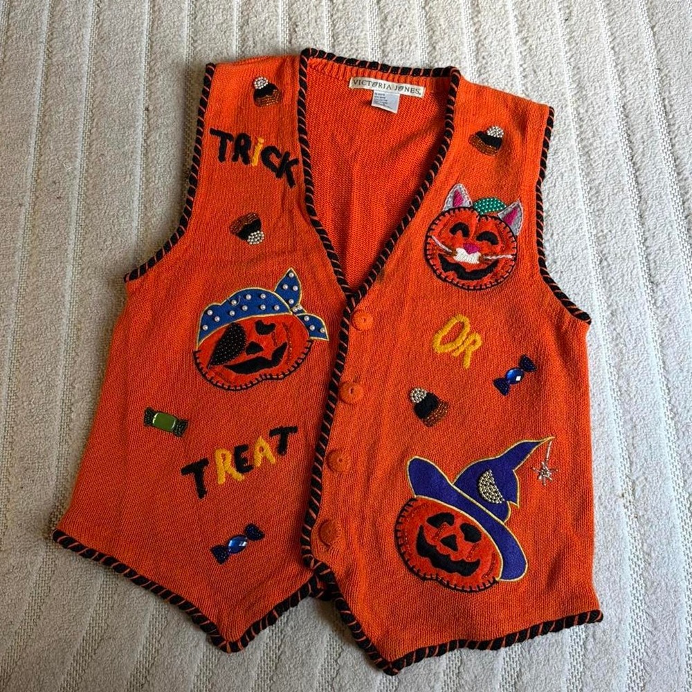 VTG 90s Victoria Jones Halloween Sweater size Large Vest Orange Trick or Treat